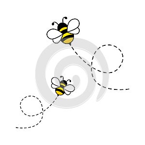 Bees flying on dotted route. Cute bumblebee characters photo